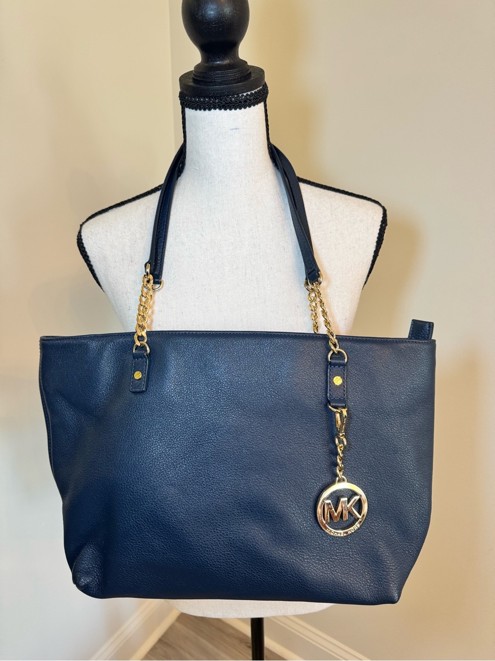 Michael Kors Navy Pebbled Leather Tote with Gold Accents
